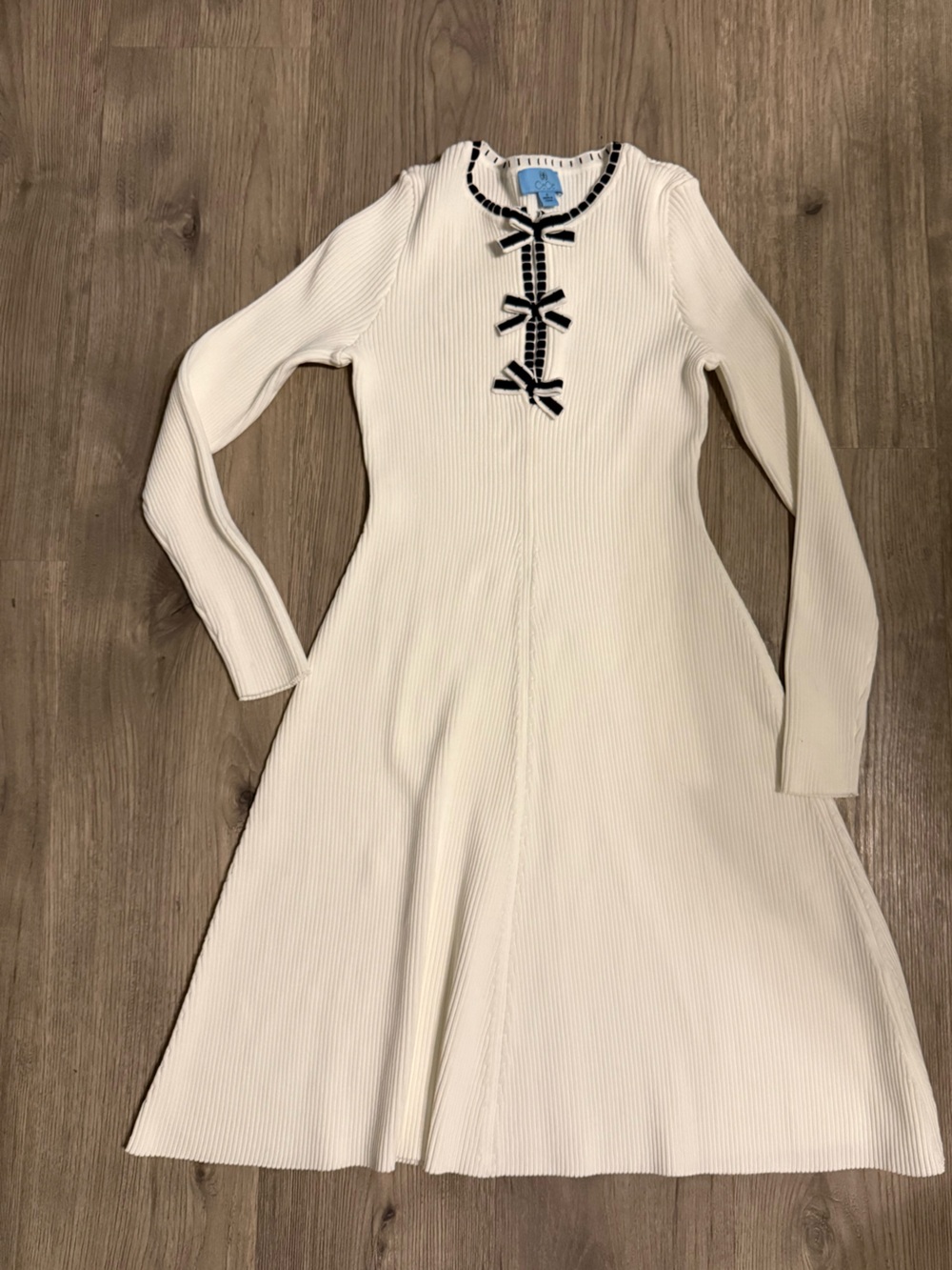 CeCe Cream Ribbed Midi Dress with Black Trim and Bows - Picture 2 of 6